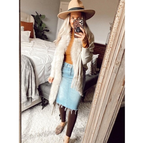 Fur and Fringe Detail Open Beige Cardigan - Picture 10 of 11